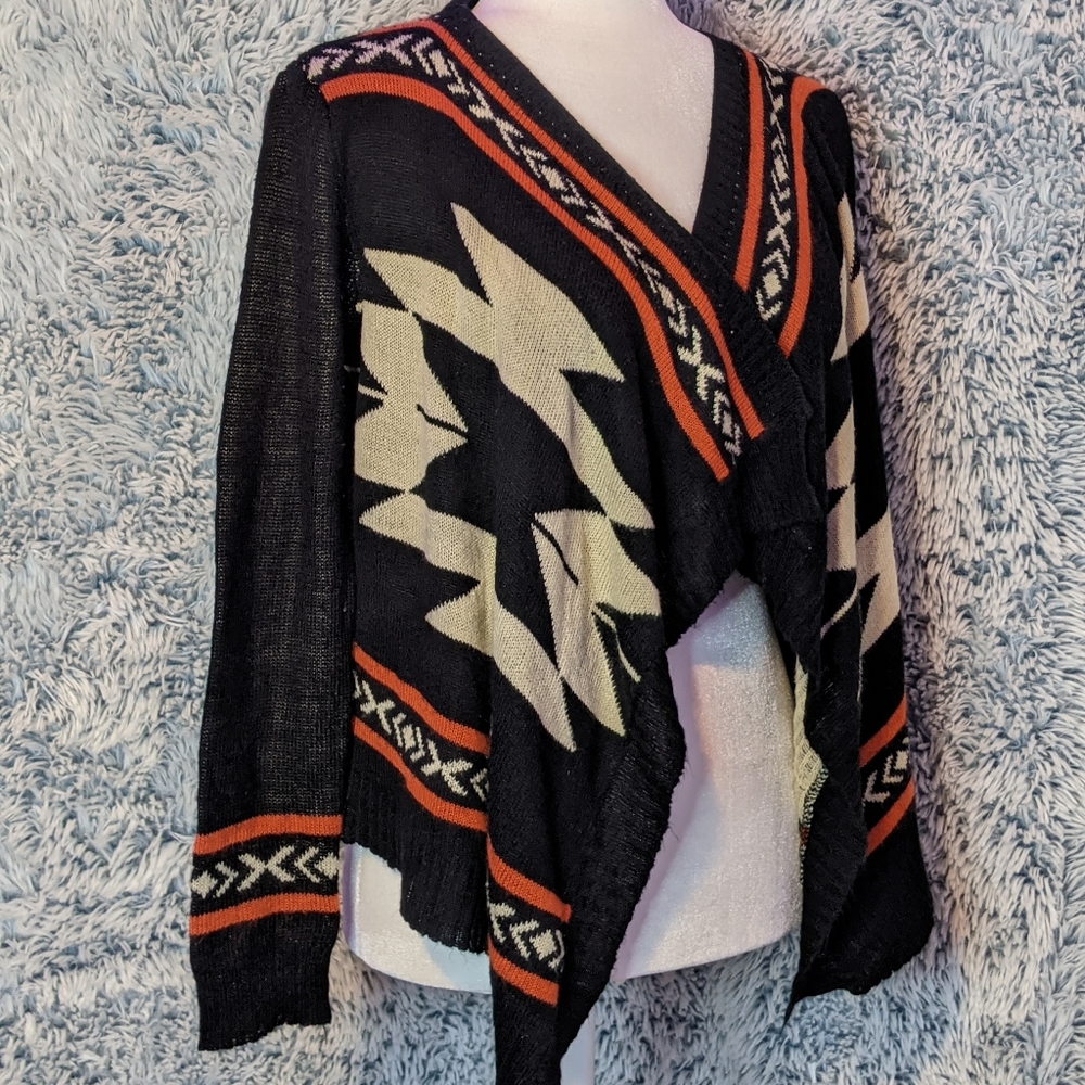 π 2/$30 Roly Poly β Women's Boho S / M Aztec Black Wrap Open Cardigan Sweater - Picture 5 of 8